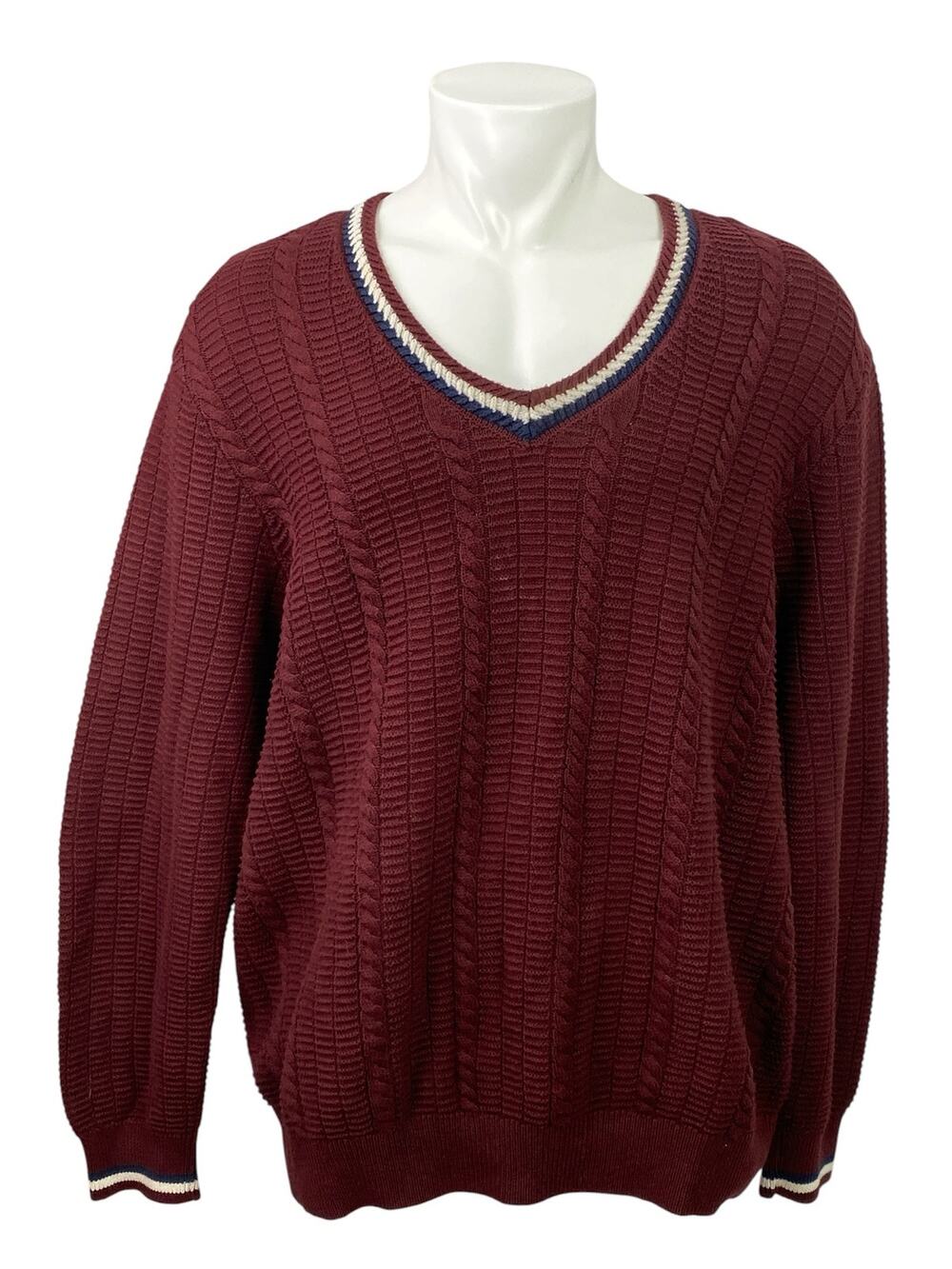 Ben Sherman Men's Red V Neck Cable Knit Long Sleeve Pullover Sweater Top Size L
